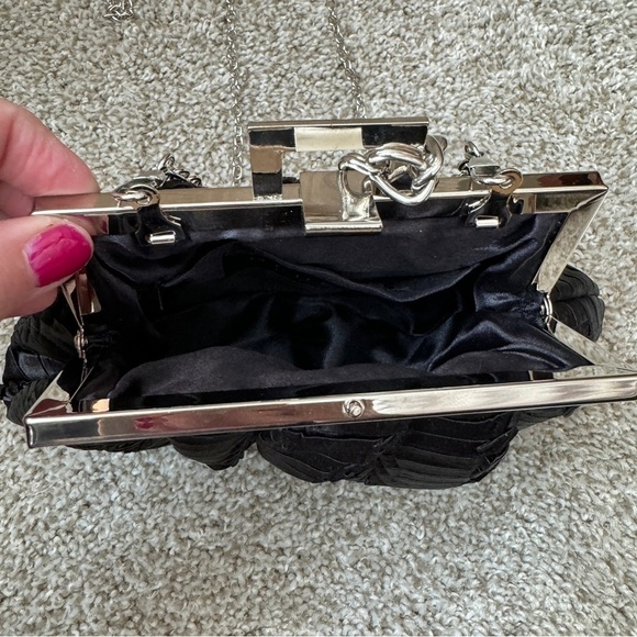 Black Satin Evening Bag Silver Hardware Chain Strap Wristlet Shoulder Purse - Picture 4 of 12
